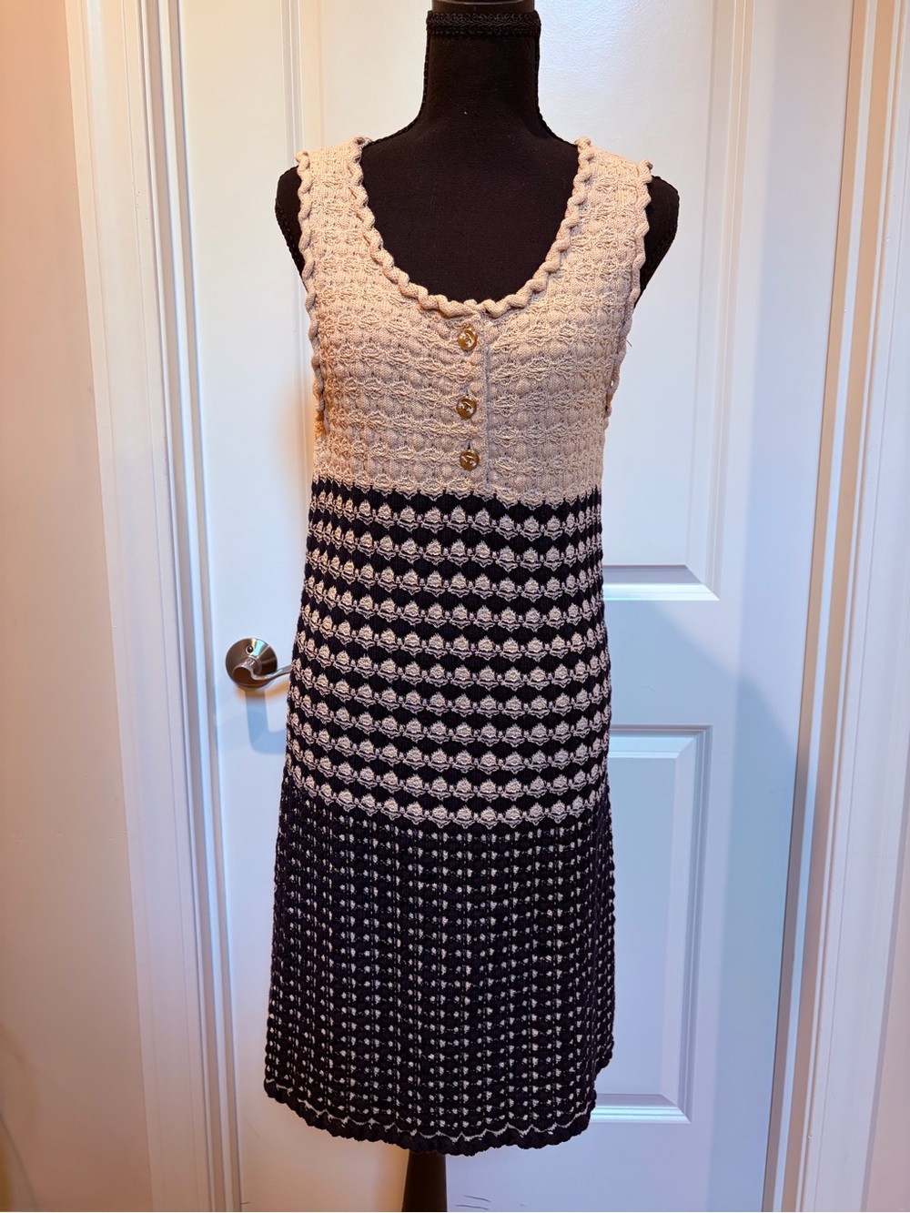 CHANEL Sleeveless Crochet Knit Midi Dress in Cream and Blue